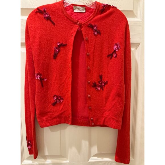 Jackfin Sweaters - Lot Of 3 1950’s Vintage Angora Blend Sweaters: Red Pink & Cream With Floral Bead